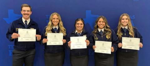 Earning their Lone Star FFA Degree are, from left, Lampasas chapter members Daren Tristan, Janie Turner, Ava Rojas, Jacie Resa and Chandler Boultinghouse. Their FFA adviser is Judy Hail. courtesy photo