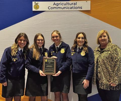 Congratulations are extended to the Lampasas FFA Agricultural Communications team that placed seventh in the national contest and ranked as a “gold team.” The award was presented last week at the National FFA Convention in Indianapolis. Team members are, from left, Jacie Resa, Paige Rutland, Morgan Littlefield Bobo and Avery Hopson, joined by FFA adviser and team coach, Judy Hail. COURTESY PHOTO