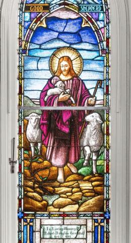 This stained-glass depiction of Jesus as the Good Shepherd is one of the windows project manager Olivier Fournier and his crew restored at St. Mary’s Episcopal Church. More photos are inside on page 3. COURTESY PHOTO