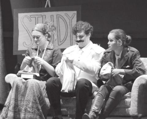 Performers Abby Taylor (at left) as Mrs. Peacock, Cole Wheeler as Col. Mustard and Kelsea Moyer as Ms. Green react to the weapons in their gift bags in the play “Clue.” CHRIS YBARRA | DISPATCH RECORD