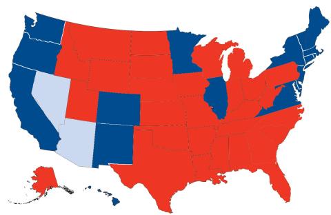 This graphic shows the states that have been called for Democratic Party candidate Kamala Harris is dark blue, and the states that were won by Republican Party candidate Donald Trump in red. Results in the states of Nevada and Arizona are deemed too close to call at press time, so they are shown in light blue. Electoral College vote totals are unconfirmed at this point, but the Trump campaign has garnered more than the 270 needed to win the presidency.