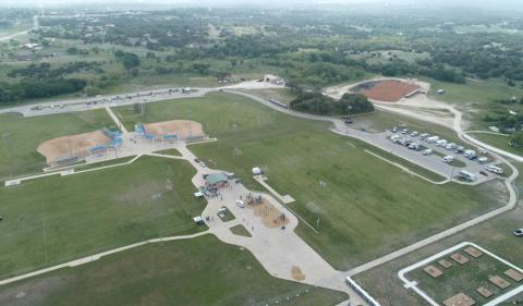 The 580 Sports Complex on the western side of Lampasas provided rental spots for RVs and campers for those traveling to view Monday’s eclipse event. While many had cleared out early due to weather and cloud coverage concerns, those who stayed got a great view of the totality. This aerial view captured by a drone shows a small crowd gathered at the park’s center and parking areas. COURTESY PHOTO | SEAN SCHROEDER
