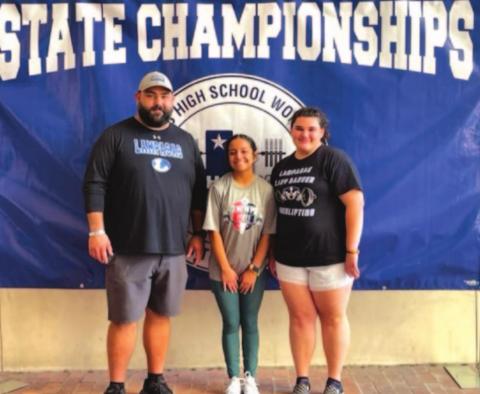 Lila Walling, right, Nimsi Vergara and Tyler Cleavinger pose for a photo at the state powerlifting meet last week. HUNTER KING | DISPATCH RECORD