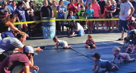 Parents encourage their child to cross the mat, using apples, phones and even keys as enticement during the annual Spring Ho Diaper Derby. MASON HINES | DISPATCH RECORD