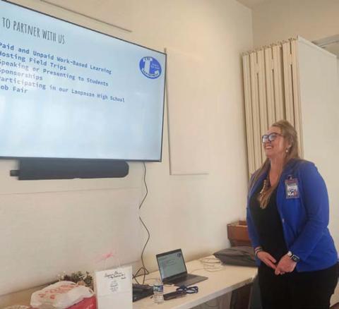 courtesy photo Liz Haviland, director of the Lampasas ISD’s Career and Technical Education program, provides information to The ’36 Club members on ways the community can partner with the school district and promote the various vocational programs.