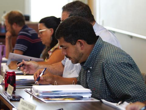 Council members, from left, Edward Gold, Cathy Kuehne, Mayor Herb Pearce and Eric Hernandez pour over budget materials that outline expenditure requests from various city departments. Another budget workshop is planned for Monday at 3 p.m., when revenue figures are expected to be presented. COURTESY PHOTO