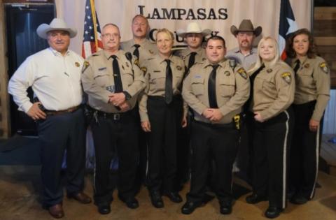Lampasas County Sheriff’s Office recently honored members of the staff. Pictured front row, left to right are Sheriff Jess Ramos, Deputy Charles Hayhurst, Animal Control Officer Sabine Hogle, Deputy Carlos Rodriguez, and Communications Officer Lori Marker; back row, Assistant Jail Administrator Brian Pomeroy, Deputy Jonathan Rinehart, Chief Deputy Kodie Greenburg and Jail Administrator Cristopher Brister. COURTESY OF SHERIFF JESS RAMOS