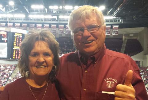 Dorothy and Jamie Briggs, shown at a Texas A&amp;M basketball game, are longtime Aggie fans. COURTESY PHOTO