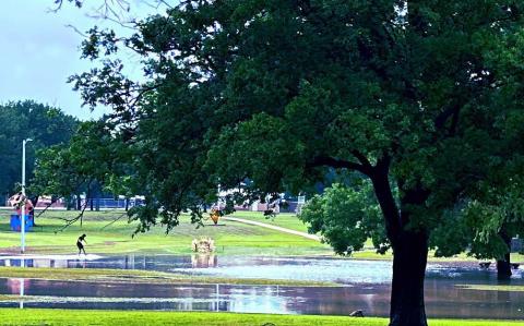 Heavy rains soaked Lampasas on Thursday and turned Campbell Park and the Hanna Springs Sculpture Garden area into a retention pond for the water. One teenager took advantage of the pooling effect and enjoyed skimming over the surface. STEPHANIE FITZHARRIS | COURTESY PHOTO