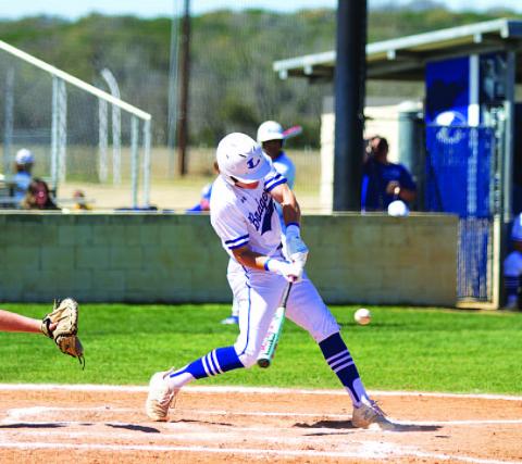 Timber Gholson swings at a pitch. He picked up three hits in Tuesday’s home game. HUNTER KING | DISPATCH RECORD