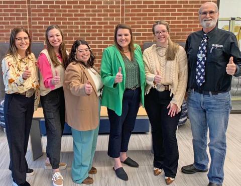 Pictured left to right are Haley Foeh and Emily Graham (placed at Ingram High School); Ashton Ochoa (placed at Franklin High School); Bethany Janner and Kailyn Osburn (placed at Caldwell High School); and their student teacher supervisor, Dr. Steve Forsythe. courtesy photo