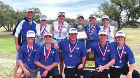 The Lady Badger and Badger golf teams pose with their trophies and medals after finishing first and second at the district tournament. COURTESY PHOTO