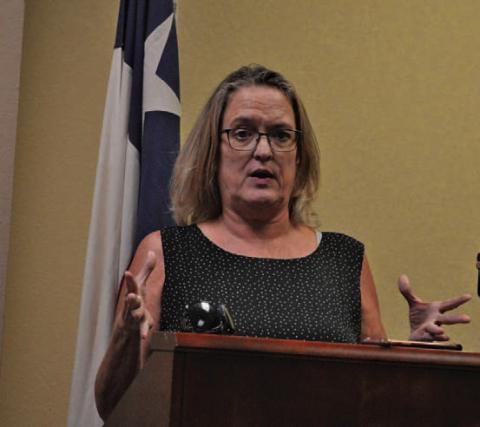 H2O Partners Deputy Mitigation Program Manager Rhonda Murphy presents an overview of the Hazard Mitigation Plan process on Wednesday evening. ERICK MITCHELL | DISPATCH RECORD