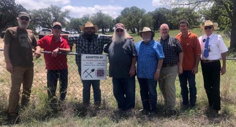 Sons of Confederate Veterans Saltworks Camp # 2353 have taken on the responsibility of maintaining Nix Cemetery in western Lampasas County. Pictured at the cemetery are, from left to right, William “Bill” Ables, Stephen C. Brister, Larry Chipman, William “Bill” Dunson III, David Spradley, Michael R. Oliver, Roger D. Hamrick and Ross J. Cox Sr. courtesy photo