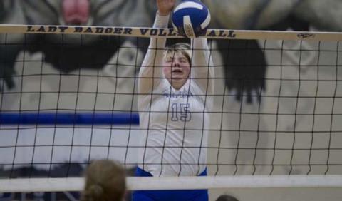 Morgan Lovejoy blocks an attempted Brownwood kill during Tuesday’s match. HUNTER KING | DISPATCH RECORD