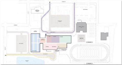 This view is one of the design options LISD school board members have seen that places the new campus building behind the Bozarth-Fowler Gymnasium. The design phase is ongoing as trustees consider the options for best utilization of the property. COURTESY PHOTO