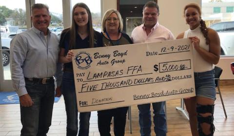 Donation to benefit Lampasas FFA The Benny Boyd CDJR dealership recently presented a $5,000 check to Lampasas FFA. Pictured, left to right, are Jamie Erickson, head of community relations for the auto dealership; Bryli Wilson, Lampasas FFA president; Judy Hail, FFA adviser; dealership owner Benny Boyd; and Juliana Dwamena, Lampasas FFA vice president. COURTESY PHOTO