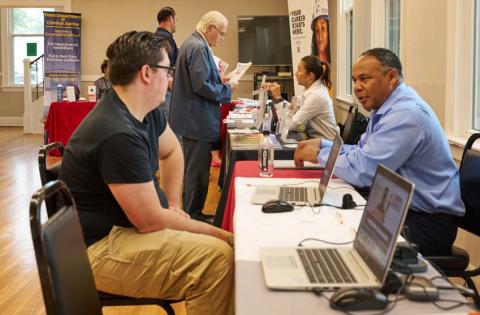Adam Barrios | dispatch record During Wednesday’s Annual Lampasas Hiring Event, job seekers stopped by tables to visit with representatives from Workforce Solutions of Central Texas, Texas Department of Transportation, Texas Department of Criminal Justice and other potential employers.