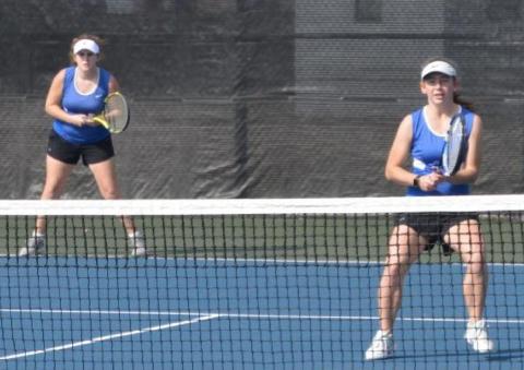 Kailr Clements, at baseline, and Abby Valdez (at the net) won all three of their matches at Pflugerville. KENNETH PEISER | COURTESY PHOTO