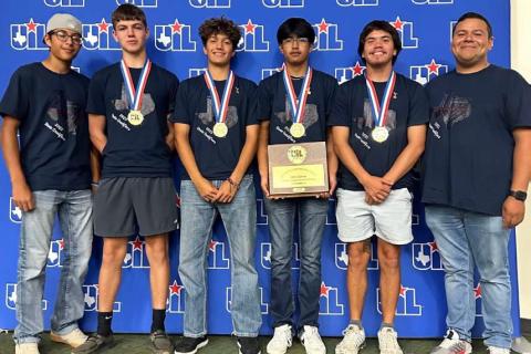 Lometa's state champion Current Events team included, from left to right, Ulises Prado, Carson Brister, Ivan Oliver, Javier Caso, Jordan Livesay and coach Alex Torres. Livesay and Oliver placed fifth and sixth, respectively, as individuals. Courtesy photo