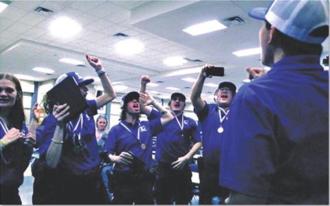 Lampasas High School law enforcment team members celebrate at the regional compeition on Dec. 6 after learning of their success. Many law enforcement, firefighting, and EMT teams secured a place at the upcoming state competition in Febuary following the regional meet. COURTESY PHOTO