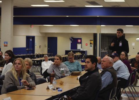 ERICK MITCHELL | DISPATCH RECORD LISD Facilities Planning Committee members look on as Superintendent Dr. Chane Rascoe presents possible bond propositions that included a new middle school campus and multi-purpose facility during Monday’s committee meeting.