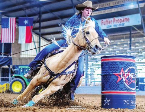 Victoria Procter rounds a barrel at a rodeo with her mare, Bunny. The two of them will run together at the college finals. COURTESY PHOTO