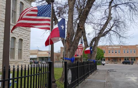 Trees encircling the Lampasas County Courthouse have been adorned with blue ribbons to help bring recognition to child abuse awareness efforts. The blue ribbon is a symbol for Child Abuse Prevention Month, observed annually in April. Jim lowe | dispatch record