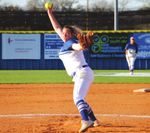 Caitlyn Sanguinet winds to pitch in the first inning of the Gatesville game. She gave up only two runs in her complete-game outing. HUNTER KING | DISPATCH RECORD