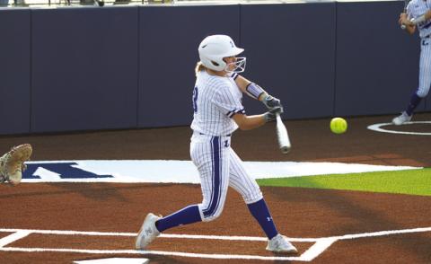 HUNTER KING | DISPATCH RECORD Brady Burton swings and hits one of her two home runs during the game against Jarrell on Tuesday.