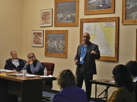 ERICK MITCHELL | DISPATCH RECORD Lampasas High School Principal Paul Weinheimer provides a campus update to LISD school board members during last week’s regular meeting.