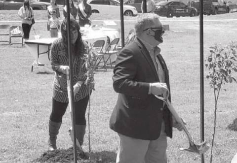 Lampasas City Secretary Becky Sims, left, participates in a tree-planting ceremony Thursday as part of an effort to continue making Central Texas a sustainable community. LAMPASAS.ORG | COURTESY PHOTO