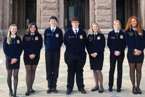 Lampasas FFA members who attended Texas FFA Day at the Capitol are, from left, Kayla McManus, Abriana Flores, Jonathan Harris, Zechariah Randall, Emily Brister, Hayley Finley and Juliana Dwamena. COURTESY PHOTO