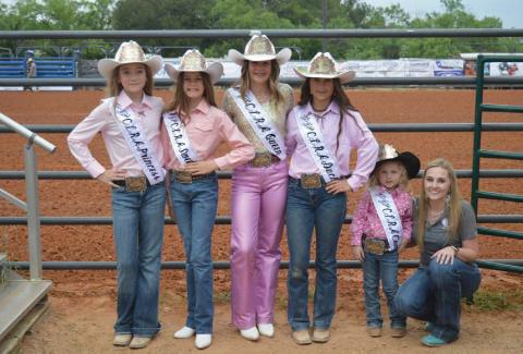 The 2025 County of Lampasas Rodeo Association Queen Court, from left to right, includes Princess Allie Urich, Sweetheart Aria Parks, Queen Hadyn Ferguson, Duchess Emma Easter and Contessa Riley Thompson, joined by her mother Alexis Thompson. ERICK MITCHELL | DISPATCH RECORD