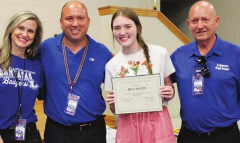Bryli Wilson center, is pictured with LHS Assistant Principal Donna LeJeune, Assistant Principal Paul Weinheimer and Principal Joey McQueen, left to right. COURTESY PHOTO