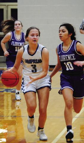 Jenna Ball looks up court to make a pass on a fast break. HUNTER KING | DISPATCH RECORD