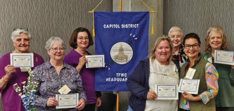 Pictured at the Capitol District GFWC Spring Convention in Round Rock are, from left to right, Margaret Oberender, Shanna Sibberson, Amy McDaniel, Juliann Chaney, incoming Texas President Barbara Harvey, Gulay Allison-Nart and Diane Davis. COURTESY PHOTO