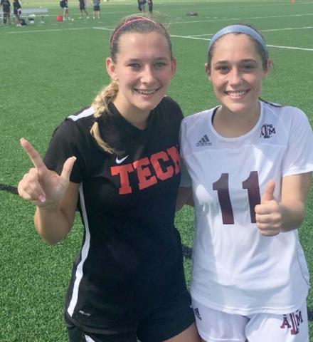 New Lampasas girls’ head soccer coach Emma Sharp, left, played and coached for the Texas Tech women’s club team, which reached nationals. Sharp, a Marble Falls graduate, is shown with Texas A&amp;M player Macy Hoover, who also is a former Lady Mustang. COURTESY PHOTO