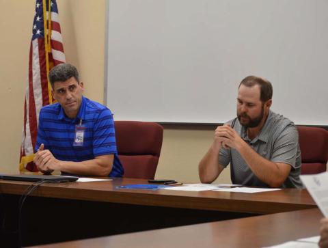 Lampasas ISD Superintendent Dr. Chane Rascoe, left, and Board of Trustees President Ryan Shahan reflect on budget considerations at a recent school board meeting. Erick Mitchell | Dispatch Record