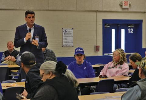 Superintendent Dr. Chane Rascoe offered a presentation Monday at the middle school to outline details of the three bond propositions that voters will consider in a May 2 election. ERICK MITCHELL | DISPATCH RECORD