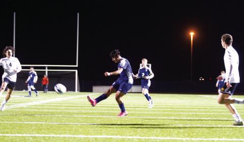 HUNTER KING | DISPATCH RECORD David Flores takes a shot on net during last week’s match.