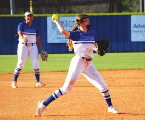 Hadley Oncken throws across to first for an out in the first inning of the Stephenville game. HUNTER KING | DISPATCH RECORD