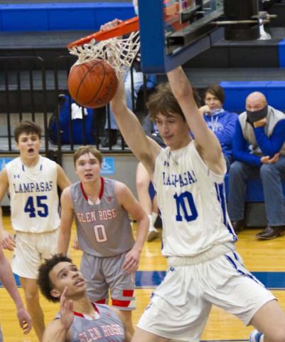 Kaeden Crawford slams a dunk in the third quarter. The Badgers outscored Glen Rose in the third quarter but could not overcome a first-half deficit. JEFF LOWE | DISPATCH RECORD
