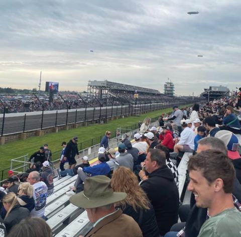 Erick mitchell | Dispatch Record Here is the view from our seats at the Indianapolis 500 a few hours before the green flag. If you look closely, you can see the Goodyear blimp in the clouds.