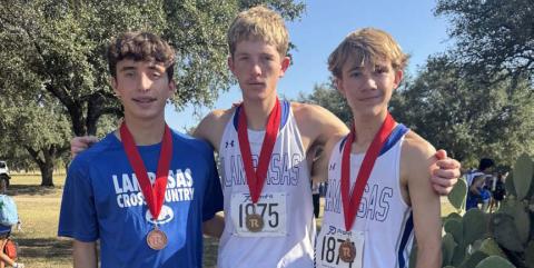 Royce Clary, left, John Keyes and Cohen Watson pose with their medals from the Salado meet. COURTESY PHOTO | KIM BURNSIDE