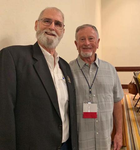 Charles Edwards, right, was inducted into the Agriculture Teachers Association of Texas Hall of Fame on July 26. He is pictured here with 2021 Hall of Fame inductee Dr. Steven “Doc” Forsythe at the honors reception. COURTESY PHOTO