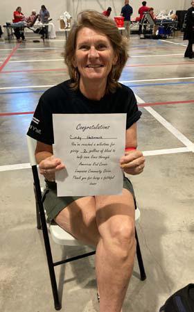 Cindy Hallmark reached a milestone last week of 2 gallons of blood donated through the American Red Cross Community Blood Drive. courtesy photo