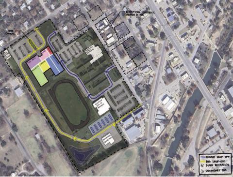This option for the Lampasas Middle School campus originally was presented by WRA Architects in October. School board member Sam Walker has proposed retaining the “H”-shaped building configuration shown at top left, but moving the structure to the south side of the school property to connect with Bozarth-Fowler Gymnasium. The middle school track and football field would be relocated to the north portion of the school property. COURTESY GRAPHIC | WRA ARCHITECTS
