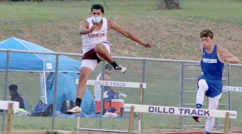 Luis Acevedo competes in the 300m hurdles at the District 17-A track meet on Tuesday, where he placed second in the event. EMILY ANDRADE | LOMETA ISD
