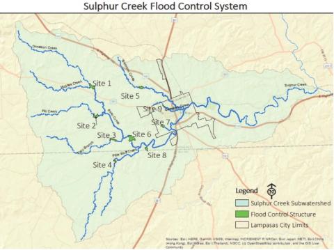 This map offers a glimpse at where the nine area flood-control structures are situated in relation to the city limits. They are intended to protect the Sulphur Creek watershed area from devastating floods.